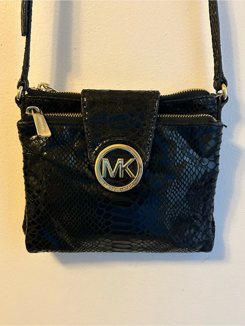 Michael Kors Black Snake-Embossed Crossbody with Gold Logo